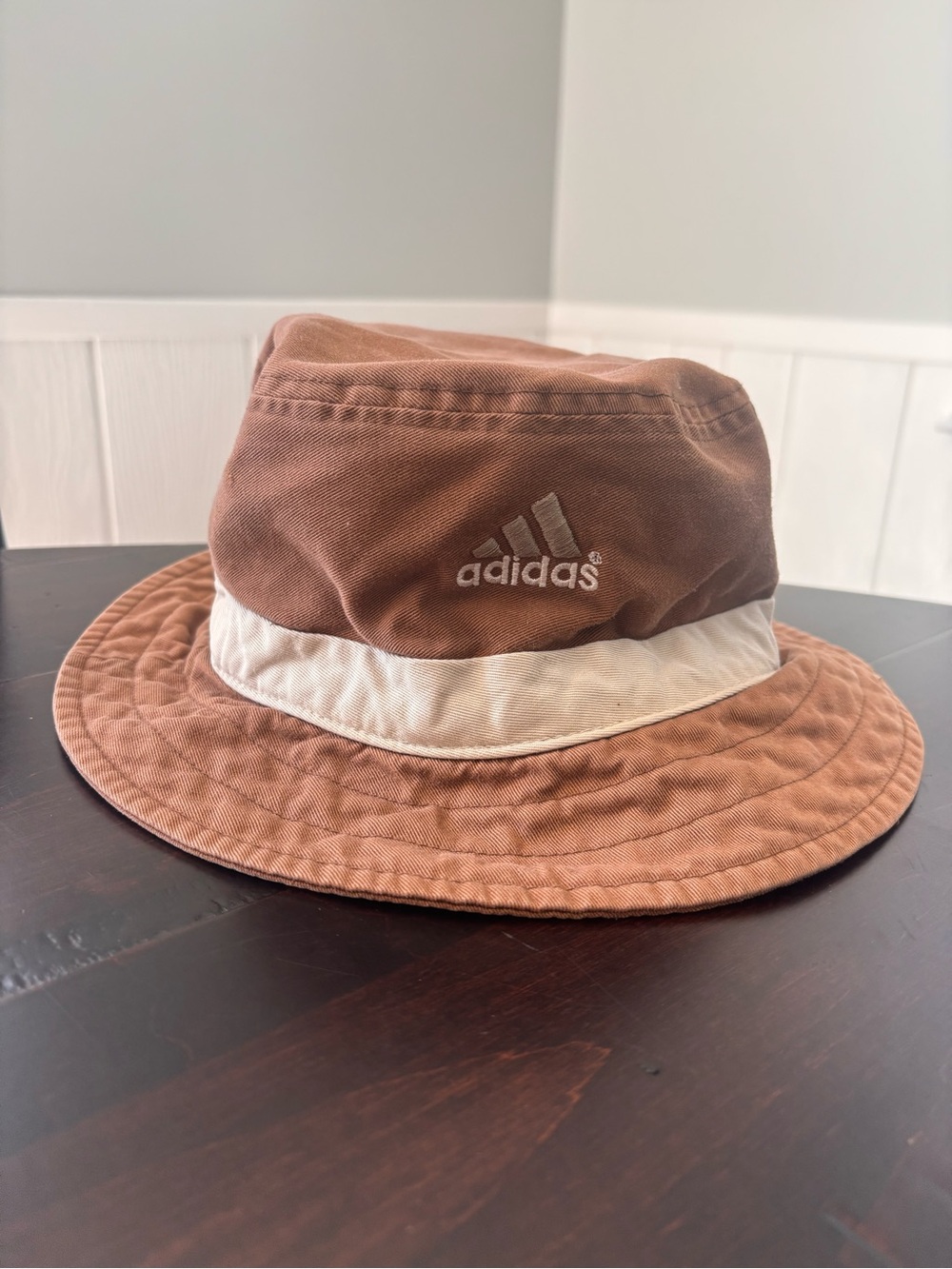Vintage Adidas Hat Bucket Y2K 100% Cotton Brim Brown Tan White Size L/XL